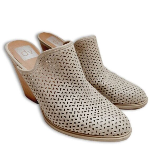 DV by Dolce Vita \ Slip-On Laser Cut-Out Mules Chunky High Heel Shoes Cream 7.5 - Picture 1 of 16